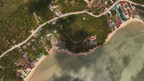 High Altitude Top Down View of Coastal Road and Bay, Koh Phangan Stock Footage 347978935