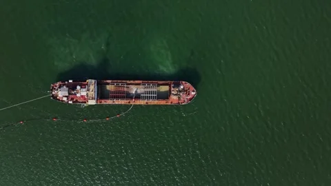 High altitude top view of dredging ship in the harbor Stock Footage 338187482