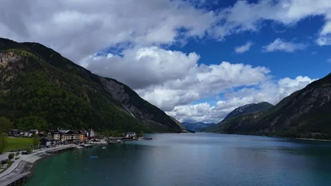 High Altitude View of Mountain Lake and Distant Peaks Stock Footage 342024809