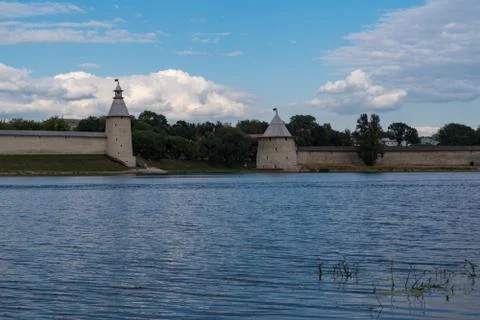 The High and The Flat tower in Pskov Krom (Kremlin). River Pskova creek. Russ Stock Photos