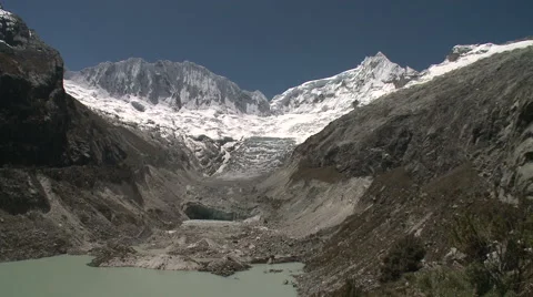 High Andes: Glacier retreating towards snow capped mountain peaks Stock Footage 40841050