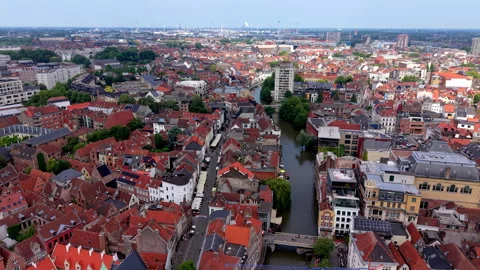 High-angle aerial drone panoramic view of a historic European city center Stock Footage 337972101