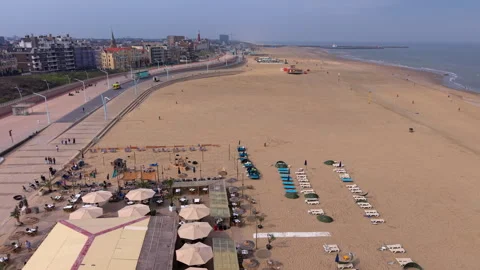 High-angle aerial drone panoramic view of Scheveningen beach resort featuring Stock Footage 337972556