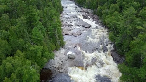 High angle aerial drone shot of raging river in a forest Stock Footage 79588646