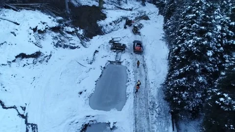 High Angle Aerial Drone Shot of Small Winter Mining Operation Stock Footage 146554363