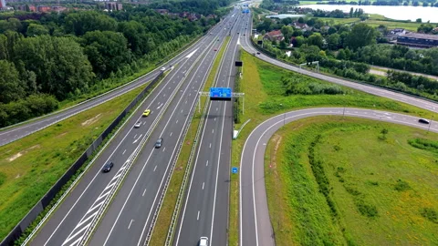 High angle aerial drone video clip of vehicle traffic on multi-lane highway Stock Footage 342416168