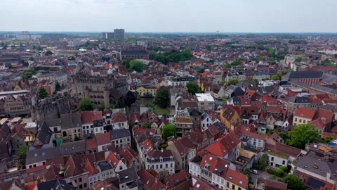 High angle aerial drone video clip of historic Ghent old town, medieval Stock Footage 342439789
