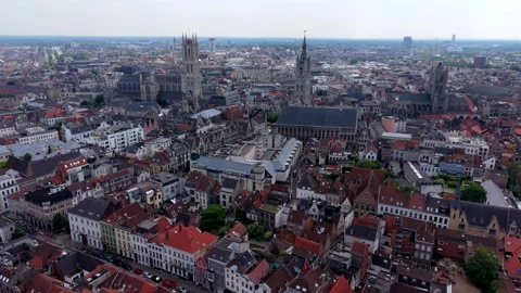 High angle aerial drone video clip of historic Ghent cityscape, Saint Bavo Stock Footage 342440008