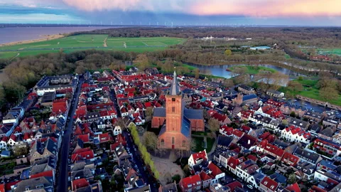 High angle aerial drone video clip of historic Naarden town center, Great Stock Footage 342440023