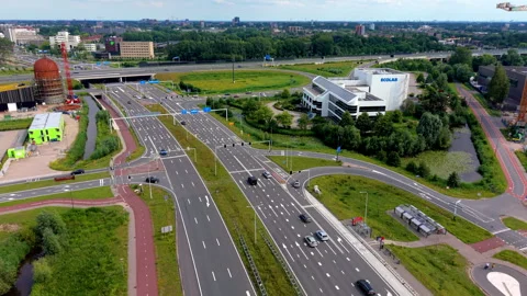 High angle aerial drone video clip of multi-lane highway overpass bridge Stock Footage 342440910