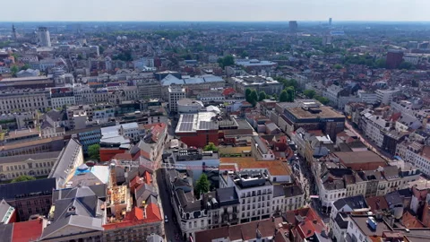 High angle aerial drone video clip of historic Ghent city center, shopping Stock Footage 342440949