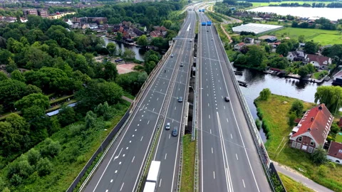 High angle aerial drone video clip of multi-lane highway overpass bridge Stock Footage 342441351