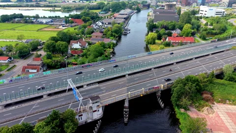 High angle aerial drone video clip of multi-lane highway overpass bridge Stock Footage 342443435