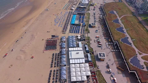 High-angle aerial drone view of Scheveningen beach resort showing structure.. Stock Footage 337934980