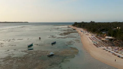 High Angle Aerial Drone View of Low Tide and Beached Boats at Island Stock Footage 346799394