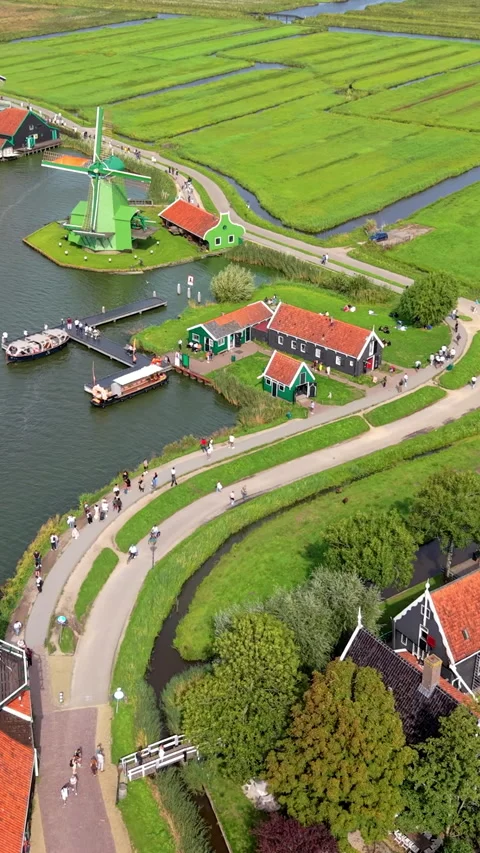 High-angle aerial drone view of historic Zaanse Schans village in Zaandam Stock-Footage 347163194