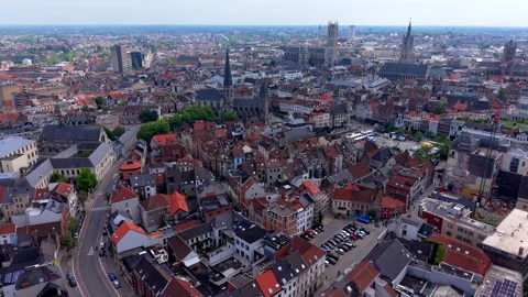 High-angle aerial drone view of historic Ghent city skyline in Flanders 動画素材 347325075