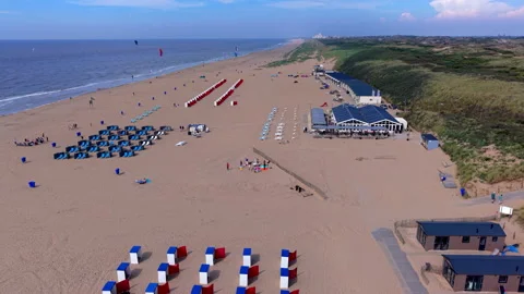 High-angle aerial drone view of Katwijk aan Zee beach resort in South Holland Stock-Footage 347325149