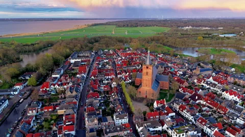 High-angle aerial drone view of historic fortified star fort town Naarden 動画素材 347325223