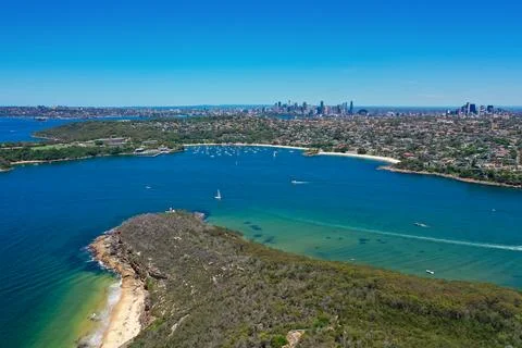 High angle aerial drone view of Balmoral Beach and Edwards Beach in the sub.. Stock Photos