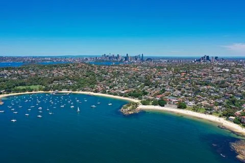 High angle aerial drone view of Balmoral Beach and Edwards Beach in the sub.. Stock Photos
