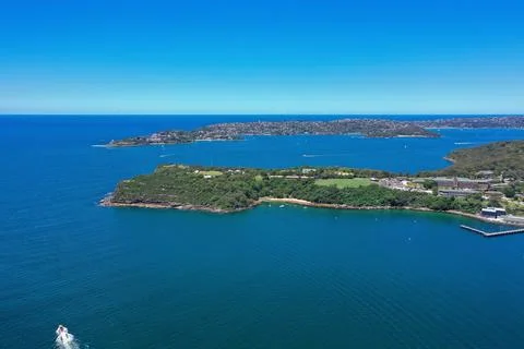 High angle aerial drone view of Cobblers Beach and Middle Head in the subur.. Stock Photos