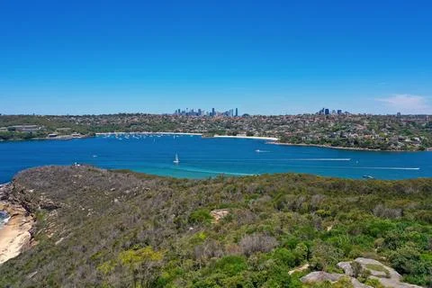 High angle aerial drone view of Balmoral Beach and Edwards Beach in the sub.. Stock Photos