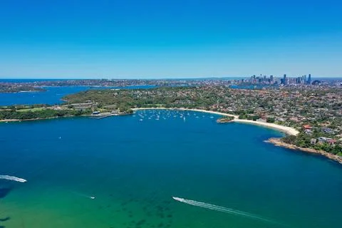 High angle aerial drone view of Balmoral Beach and Edwards Beach in the sub.. Stock Photos