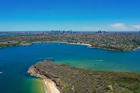 High angle aerial drone view of Balmoral Beach and Edwards Beach in the sub.. Stock Photos