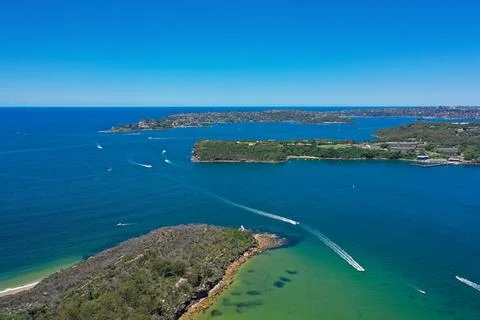 High angle aerial drone view of Grotto Point and Middle Head in the suburb .. Stock Photos