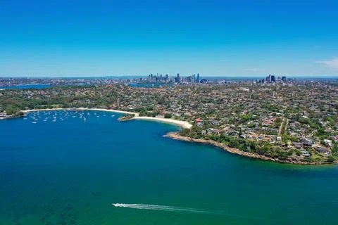 High angle aerial drone view of Balmoral Beach and Edwards Beach in the sub.. Stock Photos
