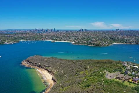 High angle aerial drone view of Balmoral Beach and Edwards Beach in the sub.. Stock Photos