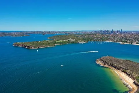 High angle aerial drone view of Balmoral Beach and Edwards Beach in the sub.. Stock Photos