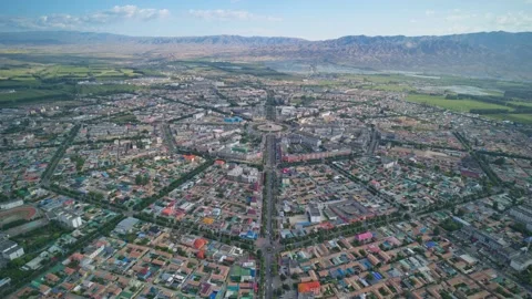 High-Angle Aerial Panoramic View of Tekes Bagua City in Ili Stock Footage 343331405