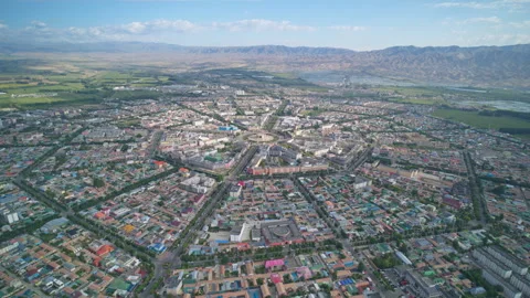High-Angle Aerial Panoramic View of Tekes Bagua City in Ili Stockbeeldmateriaal 343331408