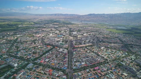 High-Angle Aerial Panoramic View of Tekes Bagua City in Ili Stock Footage 343331857