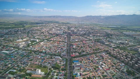 High-Angle Aerial Panoramic View of Tekes Bagua City in Ili Stock Footage 343331867