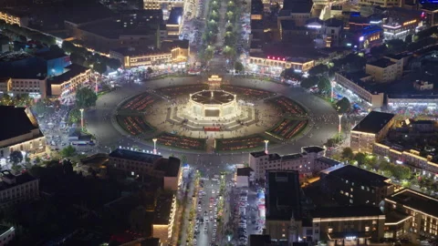 High-Angle Aerial Panoramic View of Taiji Altar at Night in Tekes Bagua City Stock Footage 343560116