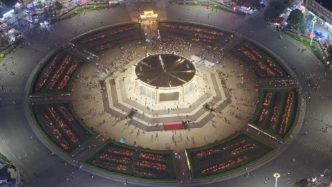 High-Angle Aerial Panoramic View of Taiji Altar at Night in Tekes Bagua City Video stock 343560486