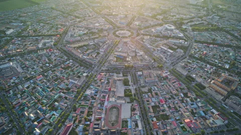 High-Angle Aerial Panoramic View of Tekes Bagua City at Golden Sunset Video stock 343583692