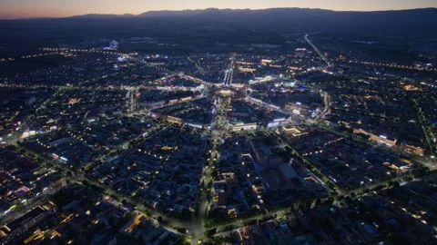 High-Angle Aerial Panoramic View of Tekes Bagua City Nightscape at Dusk Stock Footage 343587022