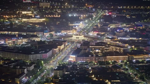 High-Angle Aerial Panoramic View of Tekes Bagua City Nightscape Stock Footage 343587237