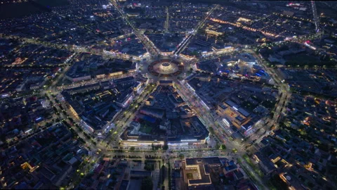 High-Angle Aerial Panoramic View of Tekes Bagua City Nightscape 動画素材 343587692