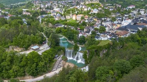 High Angle Aerial Panoramic View of Jajce Town with Pliva Waterfall and His.. Stock Photos