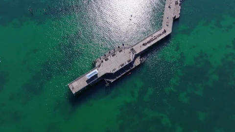 High angle aerial shot looking down on Swanage Pier, Dorset, UK Stock Footage 346400976