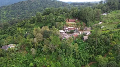 High-Angle Aerial Shot of Remote Village on Forest Hillside Stock Footage 343858567