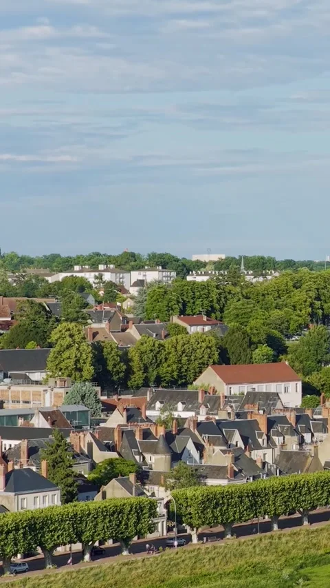 A high-angle aerial shot showcasing the rooftops of Gien, a picturesque town in Stock Footage 346663348