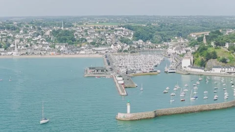 A high-angle aerial shot showcasing the marina of Binic with numerous docked Stock Footage 346665201