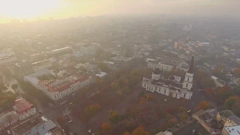 High angle aerial shot of Transfiguration Cathedral and Odessa city center Stock Footage 108011753