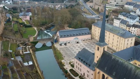 High angle aerial shot of water channel and old building in Luxembourg. Video stock 88728352